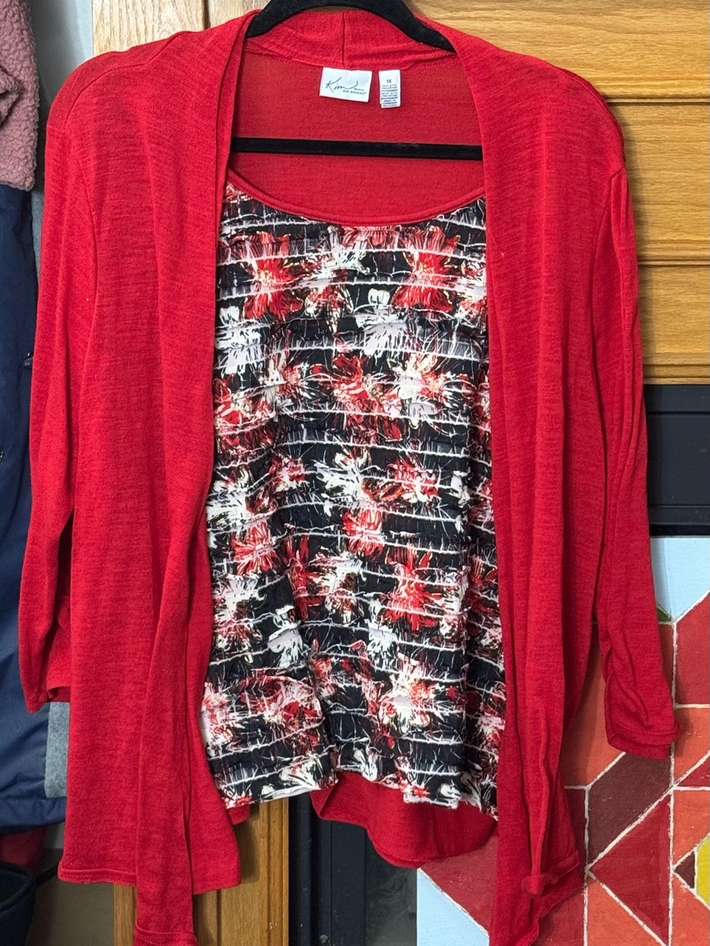 Kim Rogers Red Open-Front Cardigan with Black & White Floral-Print Shell